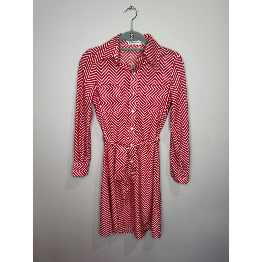 Vintage Young Dimensions for Saks Fifth Avenue Red White Chevron Shirt Dress 8 - Picture 2 of 7